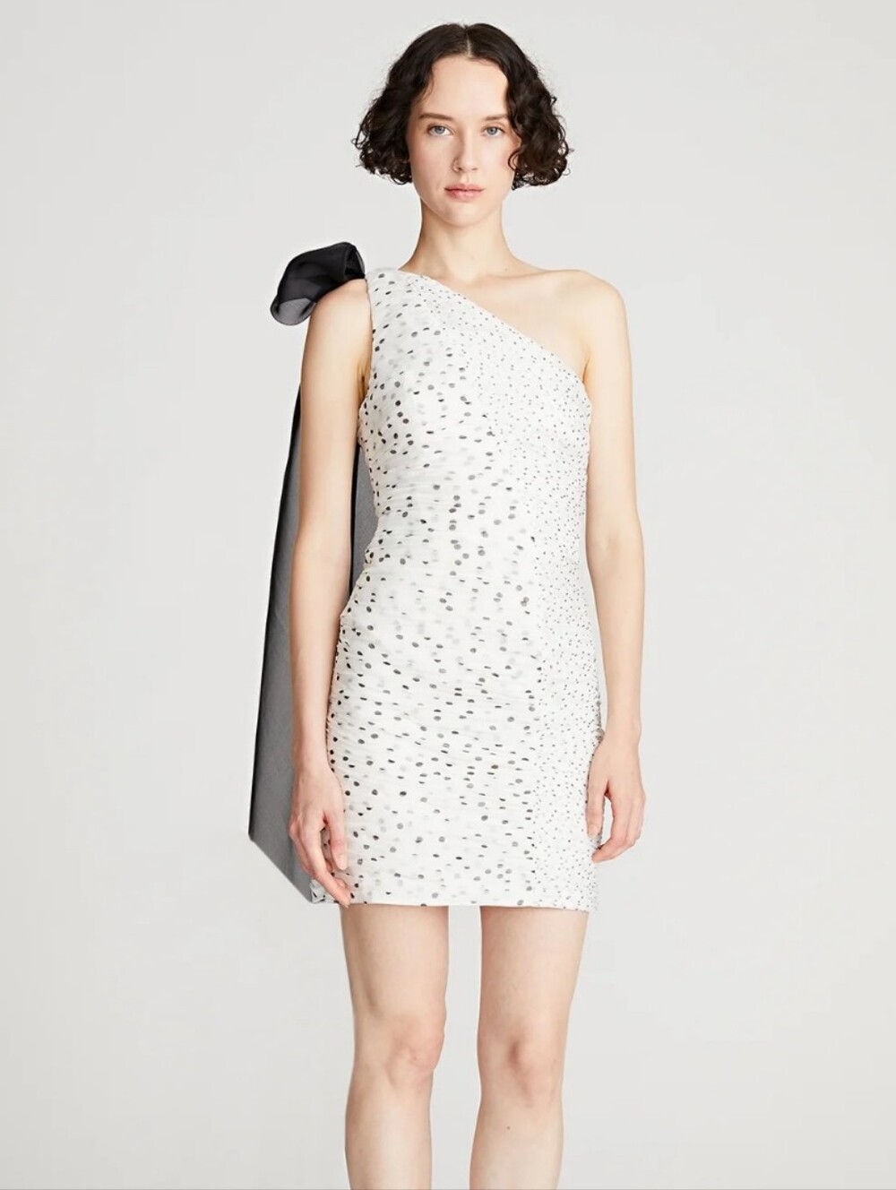 Halston Analise One Shoulder Micro Polka Dot Chiffon Cocktail Mini Dress